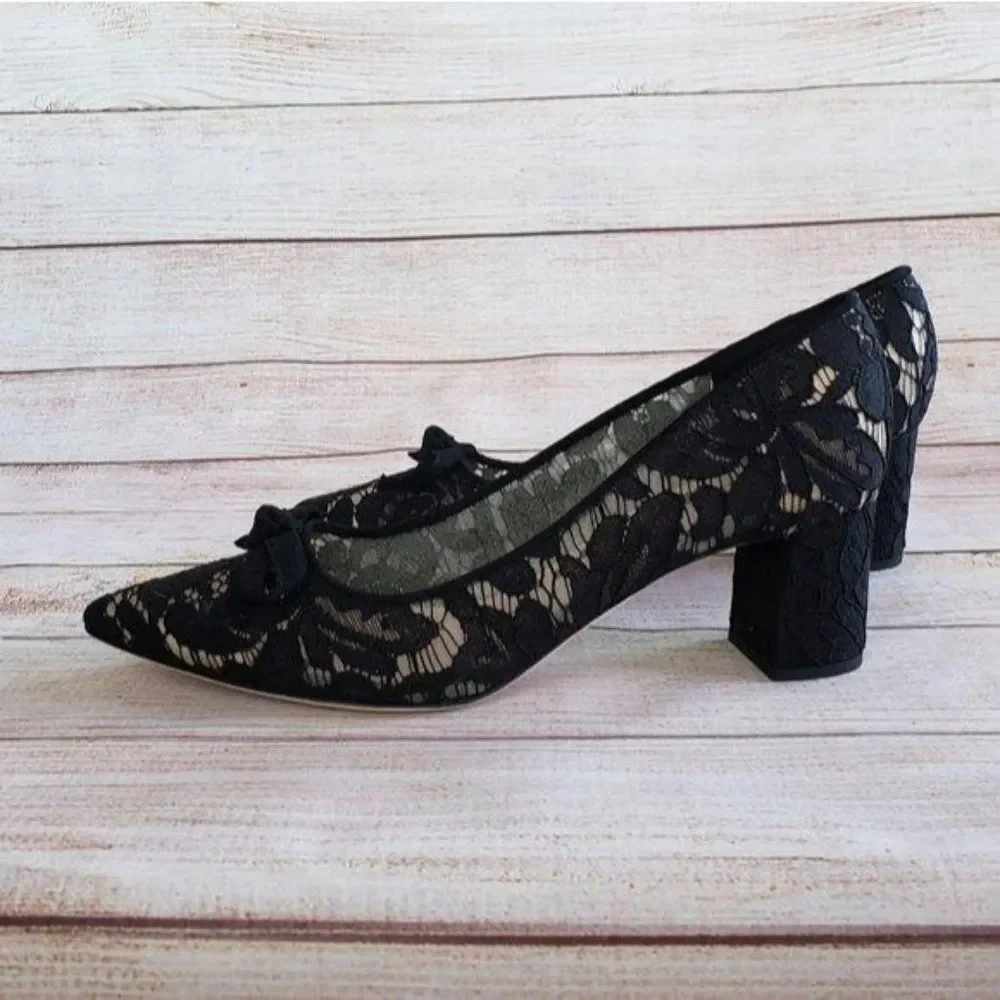 Kate Spade Lace Leather & Suede Pointy Toe Block Heel Shoes Black Size 8